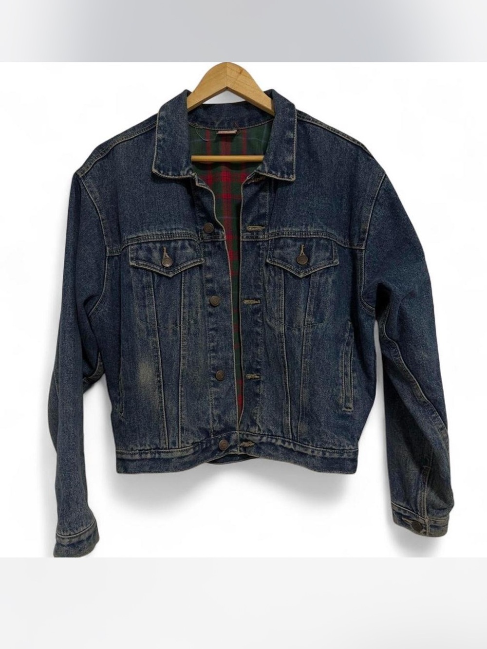 Men's Dark Blue Denim Jacket with Plaid Lining